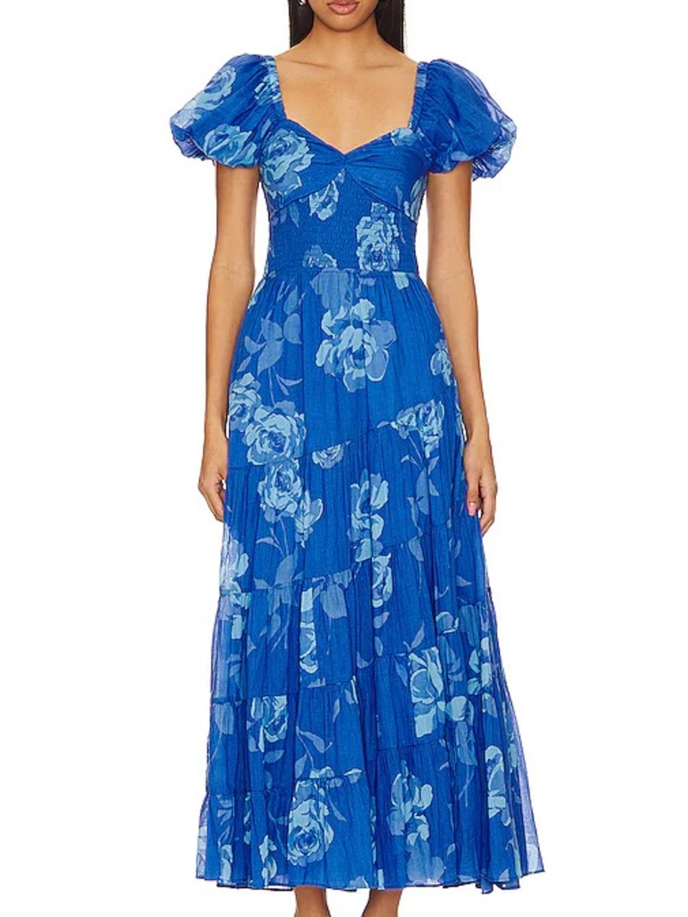 Free People Royal Blue Floral Puff-Sleeve Maxi Dress